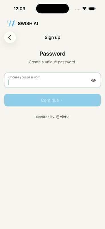 Password setup screen