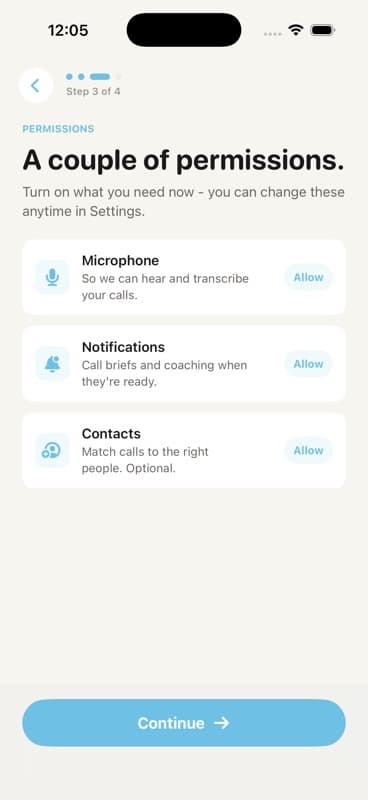 Permissions setup screen
