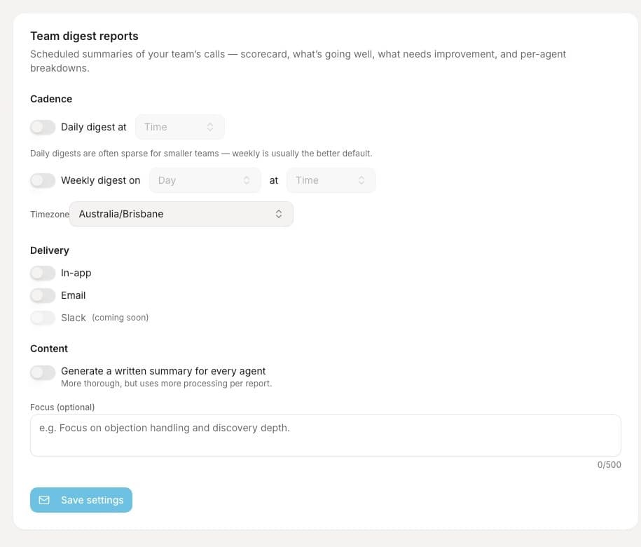 Digest report settings